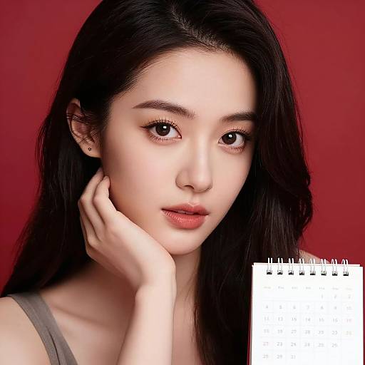 Digital portrait of an Asian woman with long black hair, fair skin, and red background. She touches her cheek, wearing a gray tank top. White