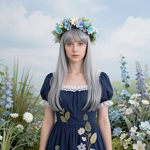 Photograph of a fair-skinned woman with long silver hair, wearing a blue floral crown, black dress with white lace, and standing in a colorful