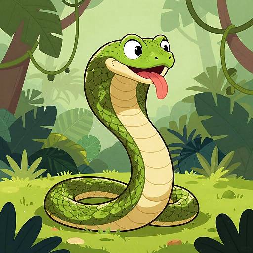 Cartoon green snake with wide eyes, smiling, and tongue out, coiled on grass in a lush, green jungle setting.