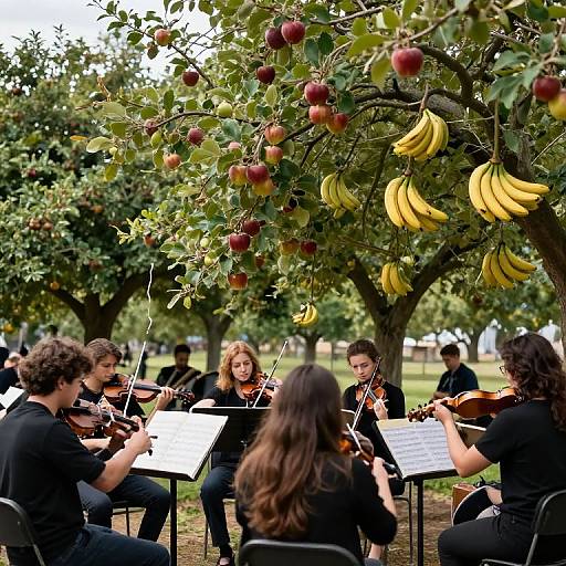 Photograph of a string quartet performing under a tree with ripe apples and bananas, music sheets on stands, green park background.