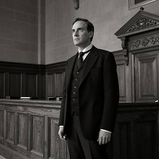 Black-and-white photograph of a serious, fair-skinned man in a dark three-piece suit standing in a wooden-paneled courtroom.