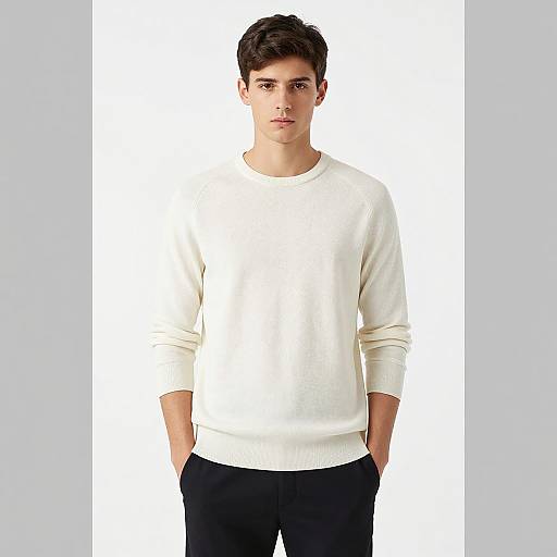 Photograph of a young man with short dark hair, wearing a plain white long-sleeve sweater and black pants, standing against a white background.