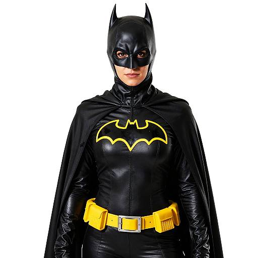 Photograph of a woman in a black Batman costume with yellow bat emblem, yellow belt, and black mask against a white background.