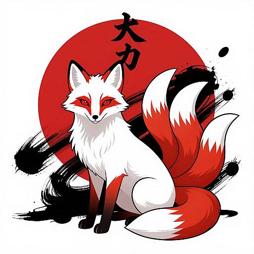 White Fox with Striped Tails and Red Sun