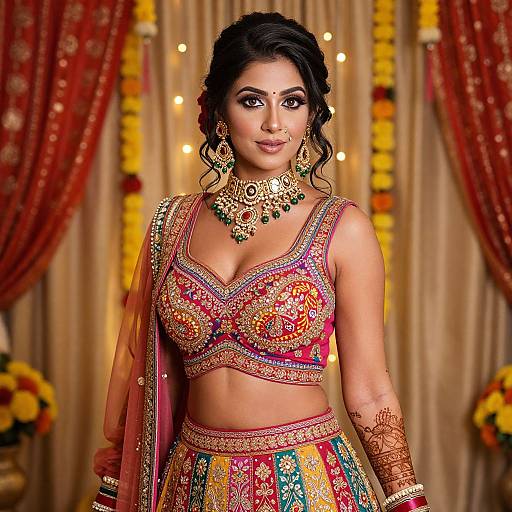 Photograph of a beautiful South Asian bride in a vibrant red and gold traditional lehenga and choli, adorned with intricate embroidery, gold jewelry, and