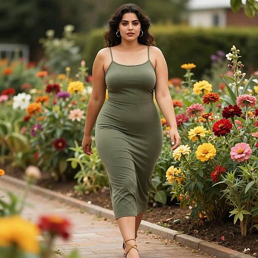 Photograph of a curvy, dark-haired woman in a form-fitting, olive green dress walking through a vibrant, colorful garden path.