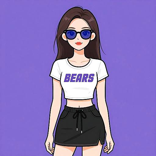 Digital anime-style drawing of a fair-skinned woman with long brown hair, wearing blue sunglasses, white 