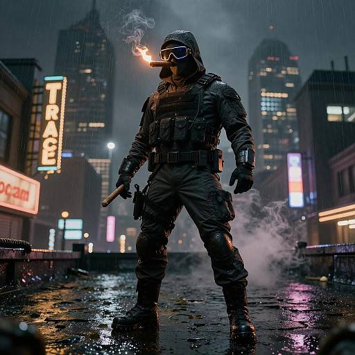 Cyberpunk night scene: armored, masked soldier with smoking gun, standing in rain-soaked street, neon-lit skyscrapers in background,