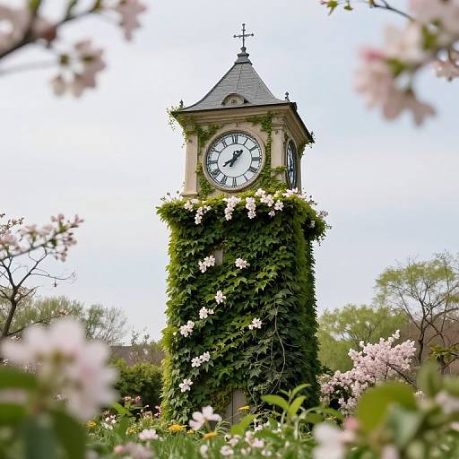 Photograph of a clock tower covered in lush green ivy and pink flowers, surrounded by blooming trees, with a clear blue sky.