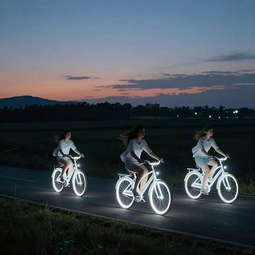 Photograph of three women in white clothing riding glowing bicycles at twilight, with a purple-blue and pink sunset sky in the background.