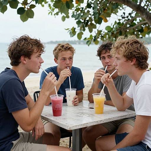 Photograph of five young men with curly hair, sitting at a white table by the beach, sipping colorful drinks with straws.