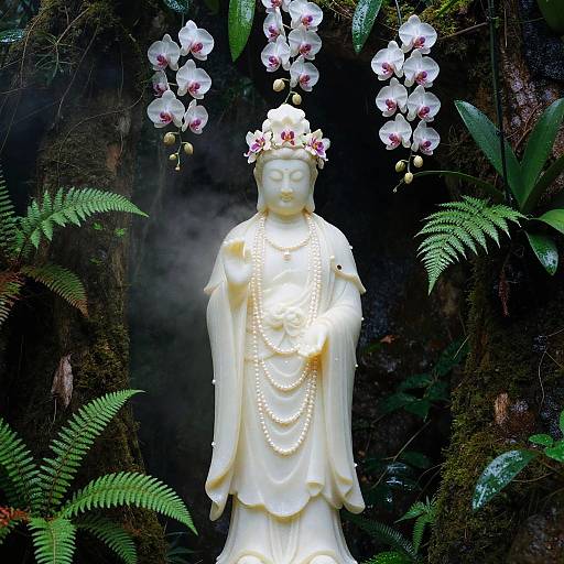 Photograph of a serene white Buddha statue adorned with pearls and a floral crown, surrounded by orchids and ferns against a dark, misty background