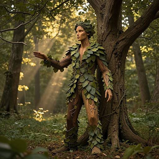 Photograph of a forest nymph statue with leafy, brown wooden body, standing beside a tree, sunlight filtering through dense foliage.
