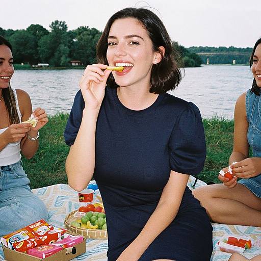 Photograph of a smiling woman with dark hair in a black dress, eating a cookie while sitting on a picnic blanket by a lake, surrounded by friends