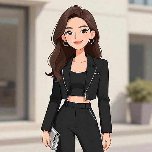 Digital cartoon of a smiling woman with long brown hair, wearing a black crop top, jacket, and pants, holding a phone, standing in front of