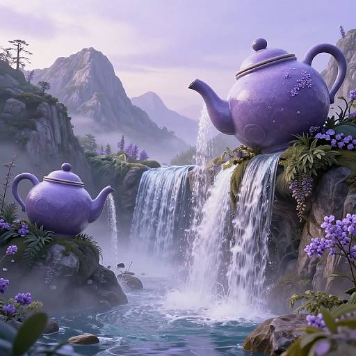 Fantastical digital artwork of oversized purple teapots beside a misty waterfall, surrounded by lush purple flowers and rocky cliffs.