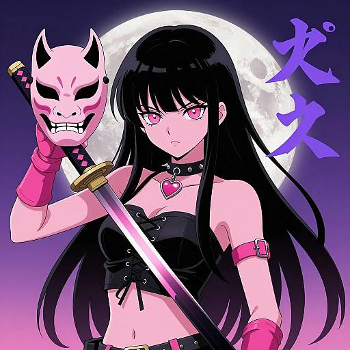 Anime Warrior with Katana and Moonlight