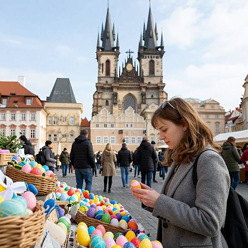 Photograph of a brown-haired woman in a gray blazer selecting colorful Easter eggs at a market stall in a bustling European square with a Gothic cathedral in