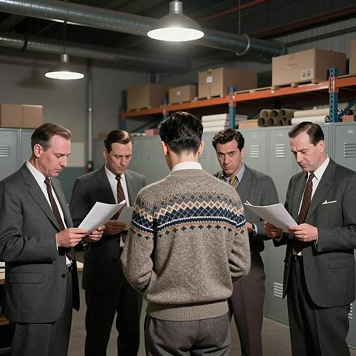 Men in 1960s Warehouse Meeting