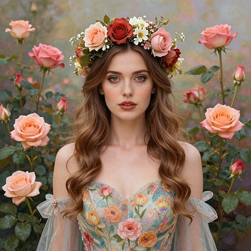 Digital portrait of a fair-skinned, brown-haired woman with a floral crown, wearing a colorful, floral-embroidered dress, surrounded by blo