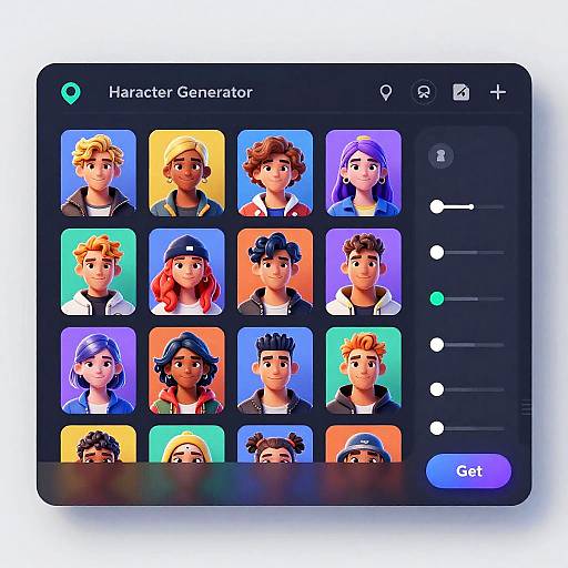 Photograph of a digital Character Generator app interface displaying 16 colorful, animated character portraits in a grid layout.