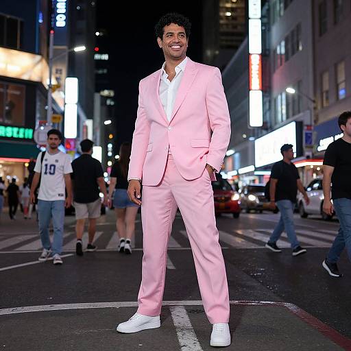 Photograph of a smiling man in a pink suit, white shirt, and white sneakers, standing on a brightly lit city street at night, surrounded by