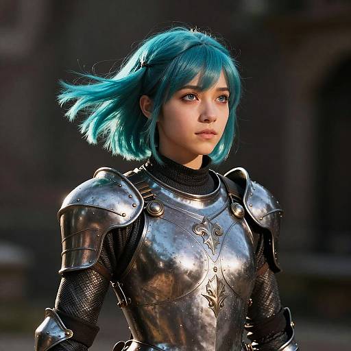 Digital art of a young woman with teal hair, wearing shiny silver armor with intricate designs, standing outdoors with a blurred, dark background. Her expression is