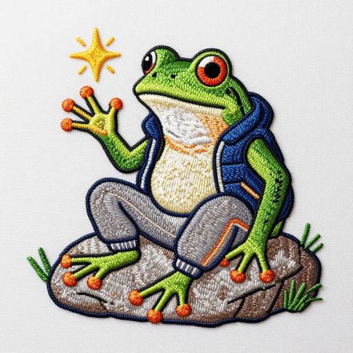 Colorful digital drawing of a green frog with red eyes, wearing a blue sleeveless hoodie and gray pants, sitting on a rock, waving at a