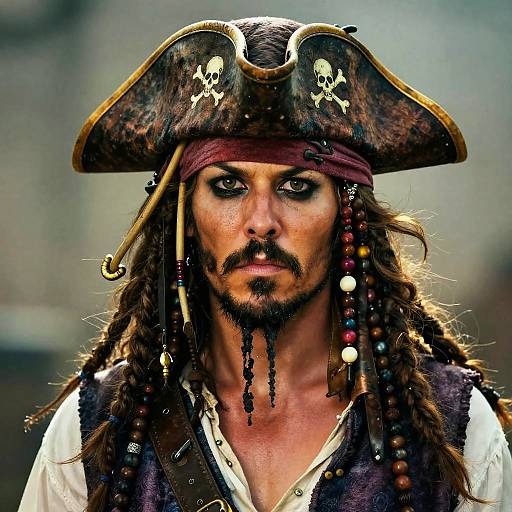 Photograph of a rugged pirate with long brown hair, black beard, intense eyes, pirate hat adorned with skulls, white shirt, and dark vest,