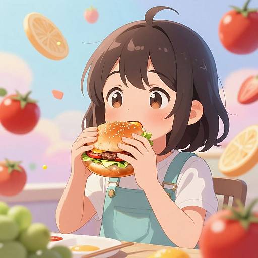 Whimsical Anime Girl with Burger