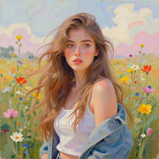 Digital painting of a young woman with long brown hair, wearing a white tank top and blue denim jacket, standing in a vibrant field of colorful wildflowers