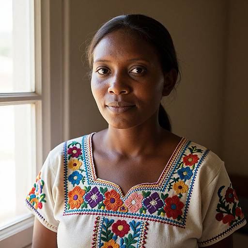 Photograph of a smiling African woman with dark skin, wearing a white blouse adorned with colorful floral embroidery, standing by a window.