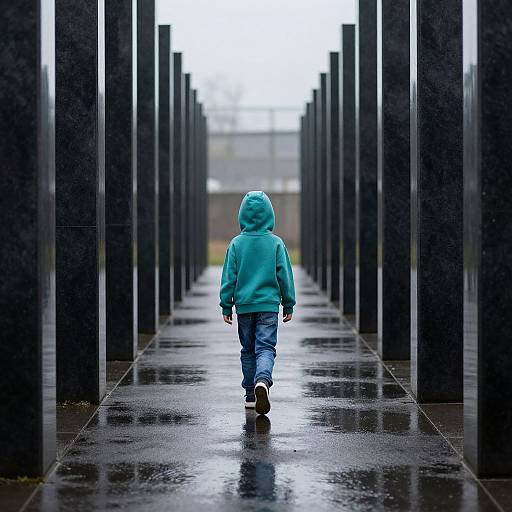 Photograph of a child in a turquoise hooded jacket and blue jeans walking away through a rainy, black, columned corridor.