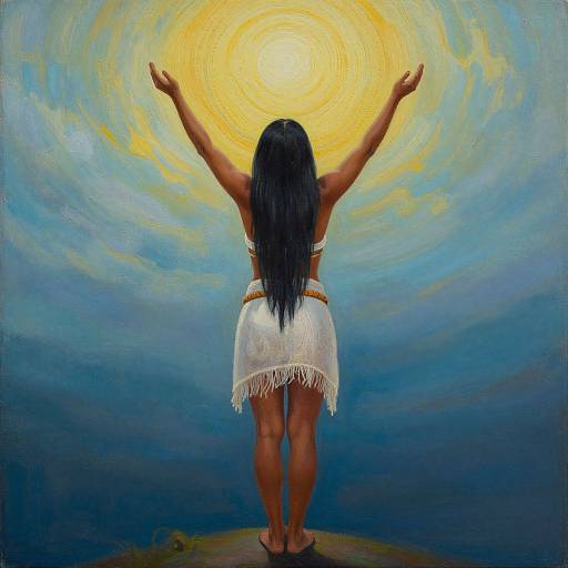 Digital painting of a woman with long black hair, wearing a white fringe skirt and bra, standing with arms raised towards a glowing yellow sun against a swirling