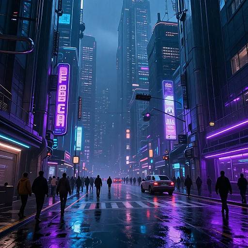 Neon-lit, rainy cyberpunk city street at night, crowded with pedestrians, glowing signs, reflective wet pavement, tall skyscrapers in the