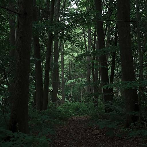 Photograph of a dense, dark forest with tall, shadowy trees and a narrow, leaf-covered path winding through lush green underbrush.