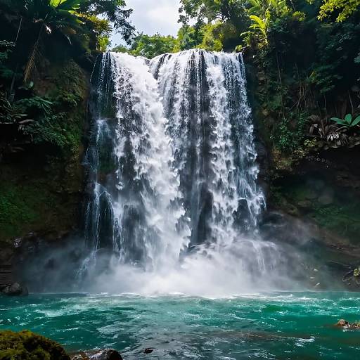 Photograph of a powerful waterfall cascading down a rocky cliff into a turquoise pool, surrounded by lush greenery and mist.