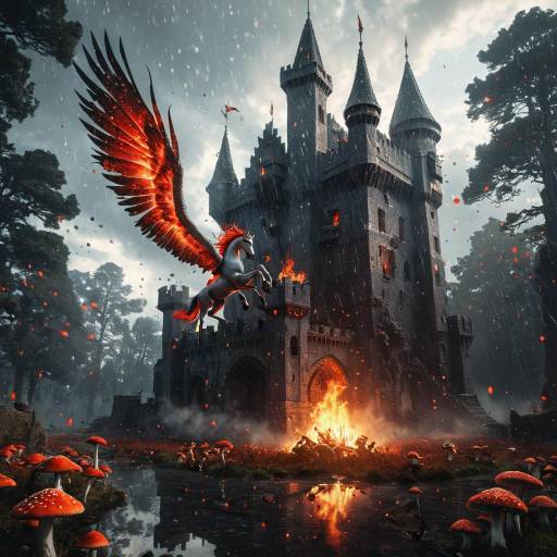 Burning Medieval Castle with Fiery Pegasus
