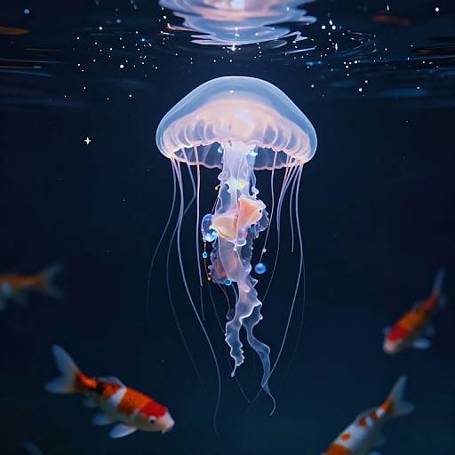 Photograph of a glowing, translucent jellyfish with long, flowing tentacles surrounded by colorful koi fish in a dark blue underwater scene.