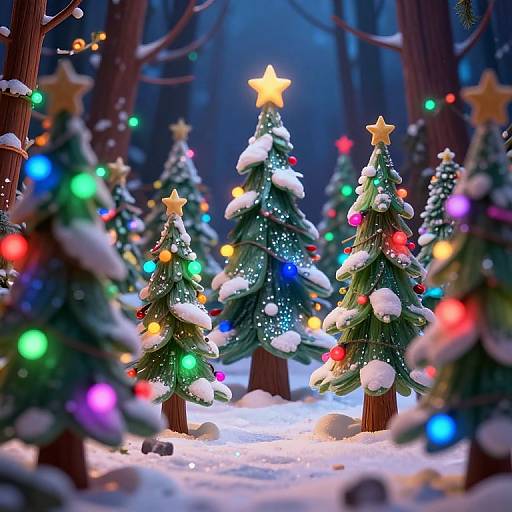 Whimsical CGI forest scene with colorful Christmas trees, snow-covered, star-topped, and glowing lights, set against a twilight, misty background