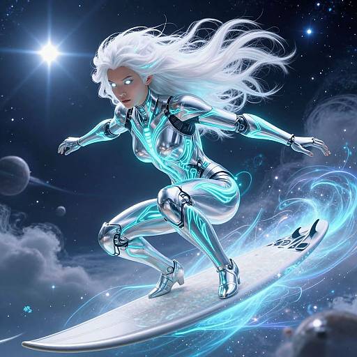 Digital art of a glowing, white-haired, blue-eyed woman in a futuristic, metallic suit surfing on a radiant blue board in a starry, cosmic