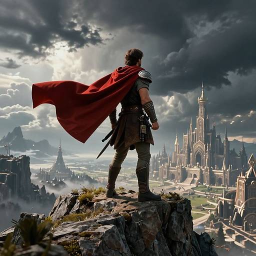A muscular, armored warrior with a red cape stands on a rocky cliff, gazing at a grand, castle-filled fantasy landscape under dramatic, cloud-filled