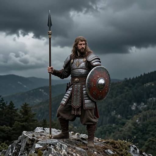 Photograph: Medieval Viking warrior with long brown hair, beard, and armor stands on rocky mountain peak, holding spear and shield, under stormy sky