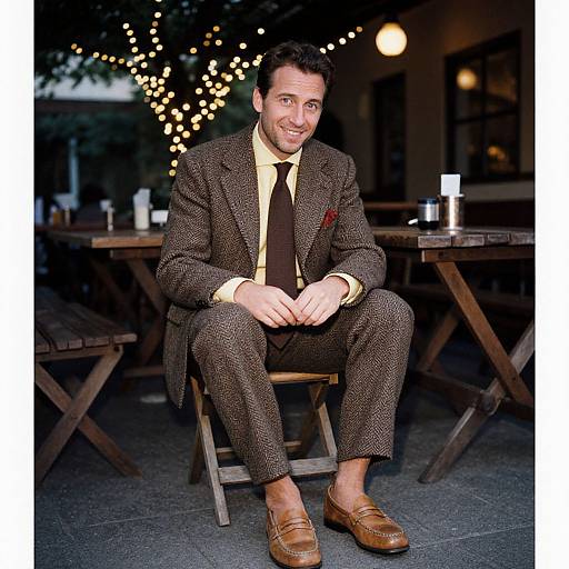 Photograph of a smiling man in a brown tweed suit with yellow shirt and brown tie, sitting at an outdoor wooden table, surrounded by string lights