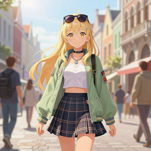 Anime-style digital drawing of a blonde girl with yellow eyes, wearing a green jacket, white crop top, black plaid skirt, and sunglasses, walking