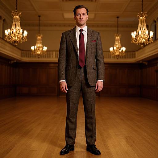 Photograph of a serious, dark-haired man in a brown checkered suit, white shirt, red tie, standing in a grand, chandelier-l