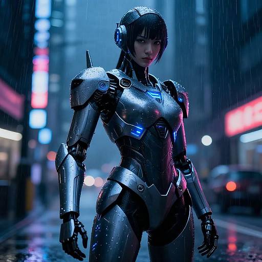 CGI image of a cybernetic woman in a rainy, neon-lit city street, wearing a metallic, futuristic armor suit with glowing blue accents