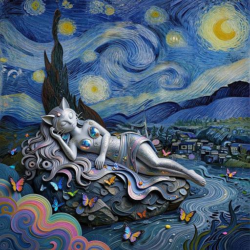 Whimsical digital painting of a white, fox-eared woman with blue eyes lounging on a rock, surrounded by vibrant butterflies, colorful waves,