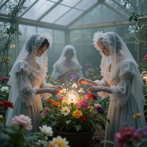 Photograph of two ethereal women in sheer, white veiled dresses lighting candles among vibrant flowers in a misty greenhouse.