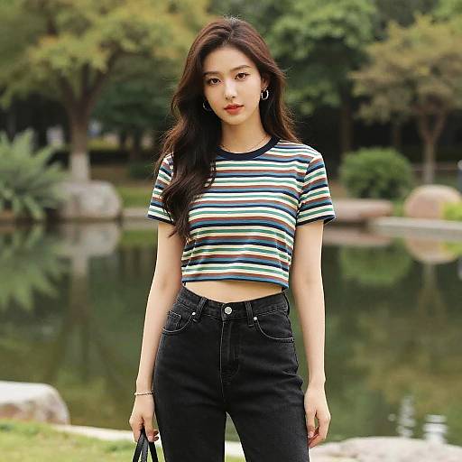 Photograph of an Asian woman with long dark hair, wearing a striped crop top and black high-waisted jeans, standing by a serene park pond